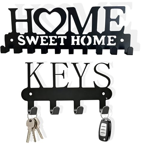 MADGININE 2 Pcs Key Holder for Wall,Sweet Home & Keys Key Hooks Wall Mounted with 14 Hooks,Self-Adhesive or No-Drill for Entryway Home Office & Door Decor