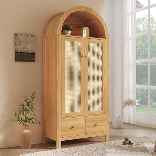 Kleiderschrank 181x78x45cm mit Rattan-Flechten, Landhausstil in Walnussoptik, offene halbrunde Ablage, 2 Türen mit Magnetverschluss, 2 Schubladen, Kleiderstange und Kippsicherung (Eiche NEW)