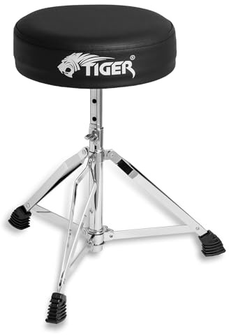 Tiger Beginners Adjustable Drum Throne - Black | Height 39–52cm, 5 Height Settings, 27.5cm Padded Seat, Anti-Slip Feet, Foldable Design with Removable Seat Top