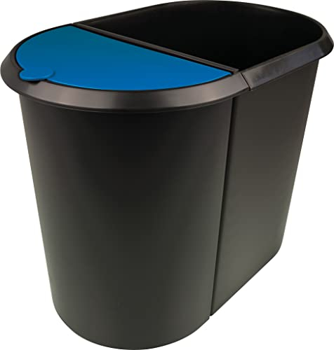 helit H6103993 - Papierkorb „the double“, 20 Liter/9 Liter, oval, umlaufender Griffrand, schwarz / blau, Mülleimer 2 Fächer