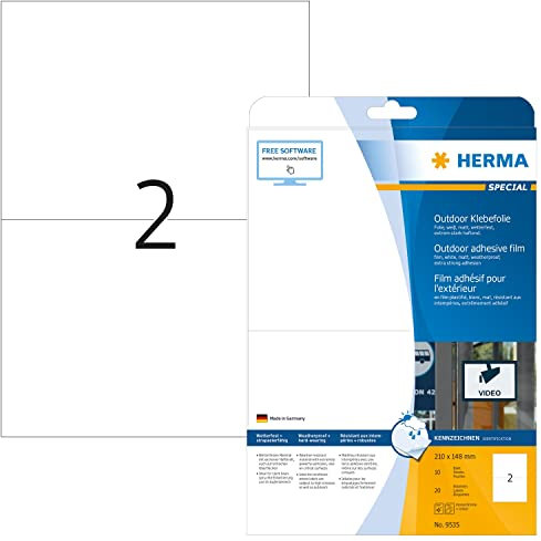 HERMA 9535 Wetterfeste Folienetiketten, 10 Blatt, 210 x 148 mm, 2 pro A4 Bogen, 20 Stück, selbstklebend, bedruckbar, matt, blanko Outdoor Klebeetiketten Aufkleber aus Polyethylen, weiß