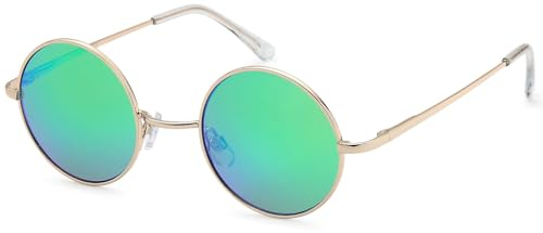 styleBREAKER Lunettes de soleil unisexes avec petites lentilles rondes et monture en métal délicate, design étroit, charnières à ressort 09020065, Monture dorée/vert bleu vert réfléchissant