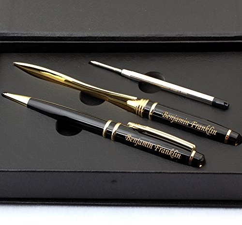 Free Engraving - Brass, Roller Ballpen, Refillable Pen, Ballpoint pen, Ball pen, Letter Opener Envelope Slitter Gold Letter Opener Gifts for Men, Women, Classy Gift Box, Free Customization (Black)