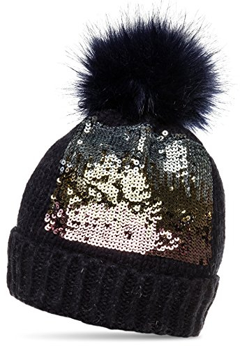 Caspar MU169 Damen Strick Winter Mütze mit Pailletten Dekor und großem Kunstfellbommel, Farbe:dunkelblau, Größe:One Size