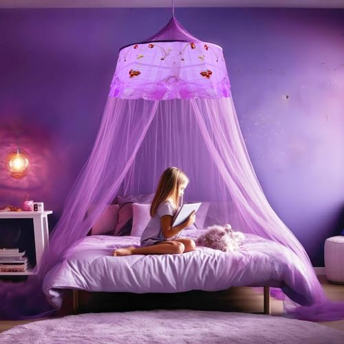 SZHTFX Princess Purple Moskito Mesh Net for Bed Large Dome Hanging Bed Canopy for Girls with Round Lace for Punch-free Installation Bed Net for Single to Double Bed Ideal for Bedroom Decorative