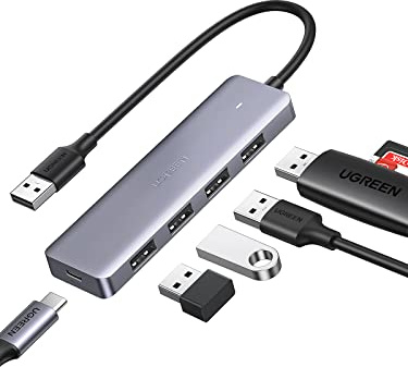 UGREEN USB Hub 3.0 4 Port Ultra Slim USB Splitter for Laptop Extension Multi-Port Extender with 5V Charging Port Compatible with Surface Pro PS5/PS4/Xbox One, Flash Drive, HDD, Keyboard, Mouse