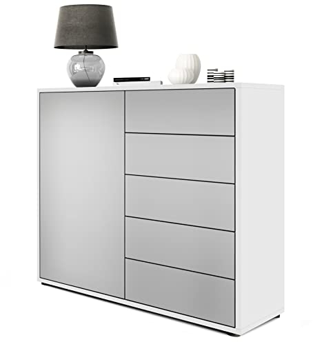Vladon Sideboard Ben V2, Made in Germany, Kommode mit 1 Tür und 5 Schubladen, Weiß matt/Hellgrau Seidenmatt (79 x 74 x 36 cm)