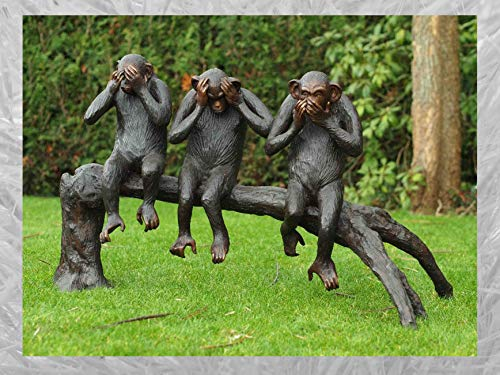 IDYL Bronze-Skulptur DREI Affen auf Baumstamm | 67x55x108 cm | Tierfigur aus Bronze handgefertigt | Gartenskulptur oder Teich-Dekoration | Hochwertiges Kunsthandwerk | Wetterfest