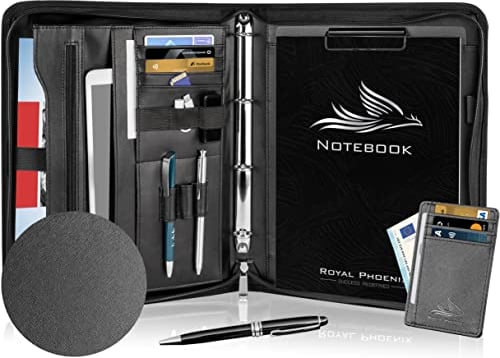 Royal Phoenix® Business Schreibmappe A4 'Hawk' - Hochwertige Ringbuchmappe mit Reißverschluss - inkl. Kreditkartenetui + weiteren EXTRAS - Arbeitsmappe aus hochwertigem Kunstleder in Anthrazitgrau
