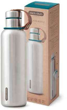BLACK+BLUM - Water Bottle - Stainless Steel Thermal Insulated Leak Proof Travel Thermo Flask with Wide Spout and Stylish Vegan Leather Carry Loop - Keeps Hot for 12hrs, Cold for 24hrs, Ocean - 750ml