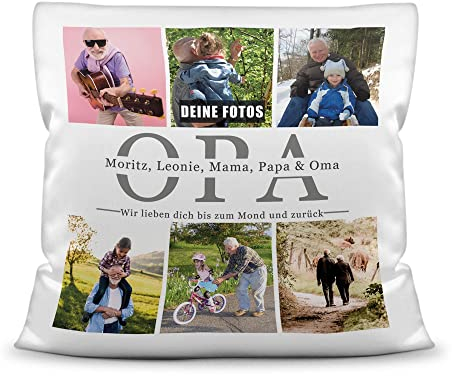 Foto-Kissen selbst gestalten - Opa wir lieben Dich - Collage mit 6 Fotos & Namen - Geschenk für den besten Opa von Enkelkindern - inkl. Füllung, Kissen Polyester Weiß, 40x40 cm