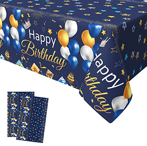 Xinvery 2PCS Party Tischdecke Blau Gold, Happy Birthday Tischtuch Luftballons Stern Rechteck Wasserdicht Dünn Plastic Tischtuch für Party Geburtstag Dekorationen 137 x 274cm