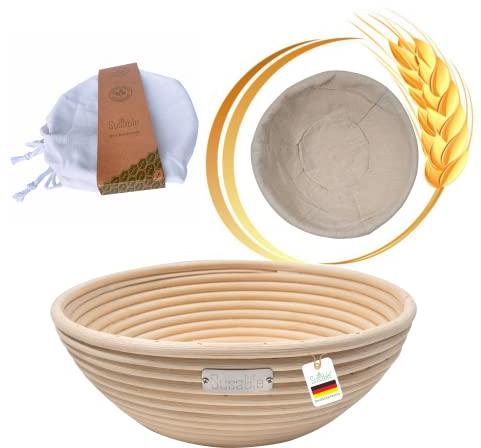 Susable Hochwertiger Gärkorb rund - Gärkörbchen mit waschbarem Leineneinsatz - Optimal für 1Kg Teig - Das perfekte Brot backen Zubehör - natürlicher Gärkorb, Brotkorb