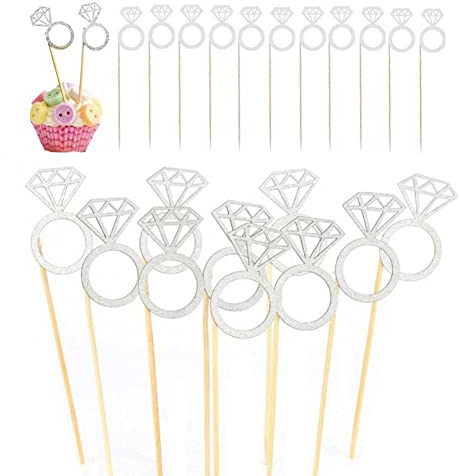 50 Pcs Cupcake Toppers Glitter Ring Cakes Toppers for Wedding Engagement Anniversary Birthday Valentines Party Cake Decor