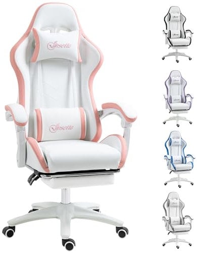 Vinsetto Computer Gaming Chair, PU Leather Office Desk Chair with Footrest, Swivel Wheels, 135° Reclining Back, Lumbar Support, Headrest for Home, White and Pink