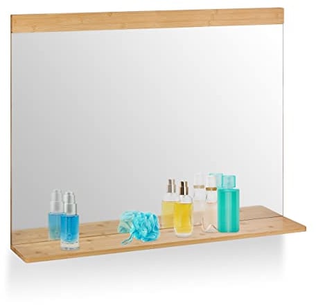 Relaxdays Miroir Mural avec Surface de Rangement, Bambou et Verre, HL 68,5x90 cm, Salle Bain, Chambre, Dressing, Nature