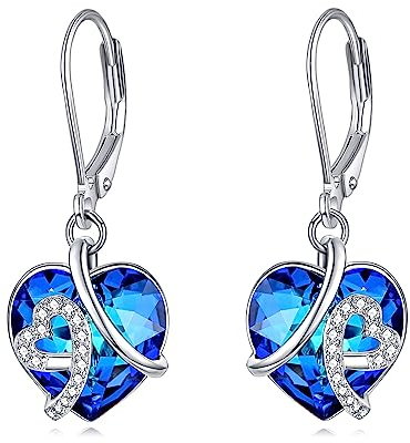 AOBOCO Liebes Herz Ohrringe Damen 925 Sterling Silber Leverback Hängend Ohrringe Schmuck mit Kristallen Valentinstag Geburtstagsgeschenk für Sie Frauen Frau Freundin (Blau Leverback)