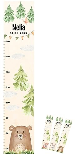 wunderwunsch® - Personalisierte Messlatte Kind Holz zum Kleben oder Aufhängen - Skala 70-140cm - Süße Dekoration für Baby- & Kleinkinderzimmer (Bär)