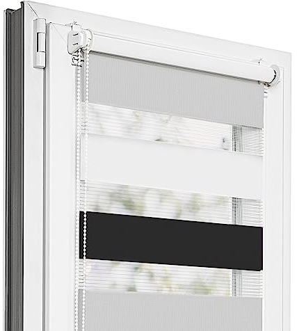 Estika Doppelrollo Klemmfix ohne Bohren - 70 cm x 120 cm - Trio: Schwarz-Weiß-Hellgrau - 29 Stofffarben, Tag und Nacht Duo Rollo, Rollos für Fenster ohne Bohren(70 cm Stoffbreite)