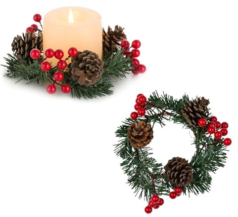 Weihnachten Kranz Kerzen Adventskranz Deko: Blosmon 2 Stücks Mini Weihnachtskranz wit Rot Beeren Pinienzapfen für Weihnachtsdeko Hochzeit Tischdeko Künstlich Türkranz für Fenster Kerzenhalter Wand