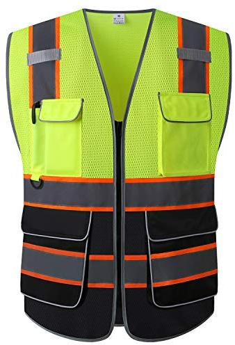 UNINOVA Warnweste für Herren and Damen -Mit 6 Vordertaschen und Reißverschluss, Reflektierende Weste Arbeitsweste EN ISO 20471(DE-Green03,Medium)