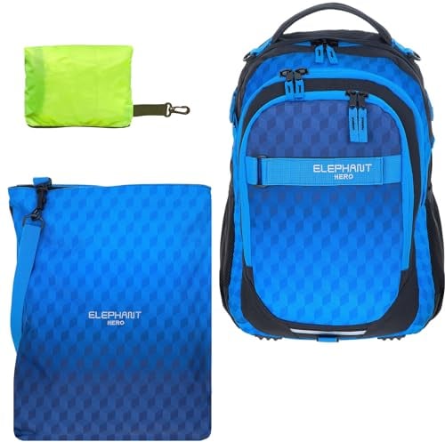 Schulrucksack Jungen Mädchen ab 3. Klasse Schule Tasche Brustgurt Schultasche Rucksack mit Sportbeutel Attach Bag und Regenhülle Premium 3 Teile Set Auswahl rtp (Dark Blue Cube 12868)