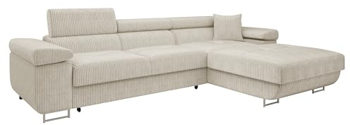 Mirjan24 Ecksofa Torezio Mini Cord mit Bettkasten, Einstellbare Kopfstützen, Bequeme Polsterung, Eckcouch mit Schlaffunktion für Wohnzimmer, L-Form Couch (Poso 100, Seite: Rechts)