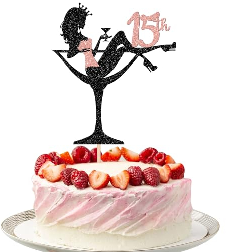 SYKYCTCY 1 Pack Sitting High Heel Girl Cake Topper Glitter Fifteen Birthday Cake Pick Cheers to 15 Years Cake Decorations for Lady Makeup Spa Theme Happy 15th Birthday Party Supplies