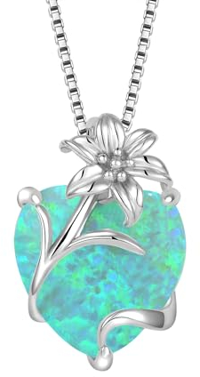 YL Collier Cœur Argent 925 taillé Opale Vert Fleur de lys Pendentif pour Femme maman