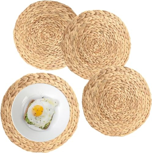 GUDAGUU Round Woven Placemats- Natural Water Hyacinth Weave Place Mat Set of 6,Braided Straw Table Mats for Dining Tables (4, 7.87 20cm)