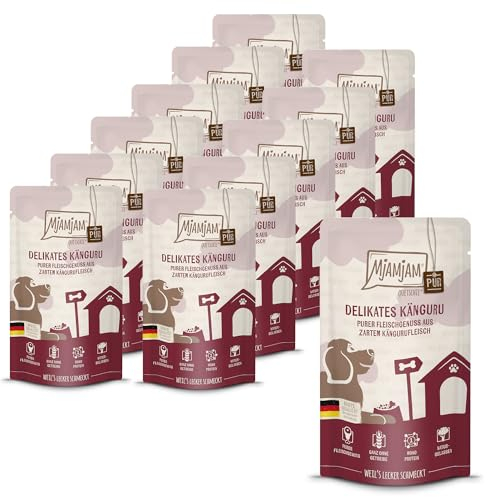 MjAMjAM - Premium Nassfutter für Hunde - Quetschie - Purer Fleischgenuss - delikates Känguru pur, 12er Pack (12 x 125g), getreidefrei mit extra viel Fleisch