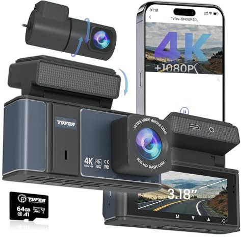 Dashcam Auto Vorne Hinten 4K+1080P mit 3.18 Zoll IPS-Bildschirm,WiFi Dash cam,Dash Cam Auto mit 64GB SD Karte,Auto Kamera Super Nachtsicht,WDR,170° Weitwinkel, G-Sensor, Loop-Aufnahme, APP Steuerung