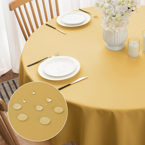 Softalker Tischdecke Herbst Rund 160 cm Abwaschbare Gold Tischdecken Wasserabweisend und Fleckschutz aus 210 GSM Polyester Tischtuch Pflegeleicht für Outdoor Geburtstags Party Weichnachts Silvester