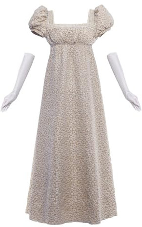 Regency-Kleid für Damen, Empire-Taille, Blumenmuster, Regency-Ära, Kostüm, Jane Austen, Teeparty, viktorianisches Ballkleid mit Handschuhen, Khaki, M