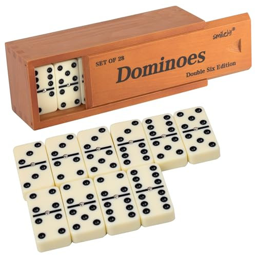 Smilejoy Dominos Set für Erwachsene -Jumbo Größe Dominos Doppel Sechs Edition- Klassische Brettspiele- Dicke Größe Doppel 6 Domino Set mit Deluxe Braun Holz Box, 28 Fliesen (2-4 Spieler)