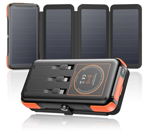 SOARAISE Batterie Externe Solaire 25000mAh, Chargeur Solaire Charge Rapide sans Fil 15W avec 3 Câbles USB, Power Bank avec 4 Panneaux Solaire & 3 LED Lampe Torche pour Smartphones, Tablette, Camping