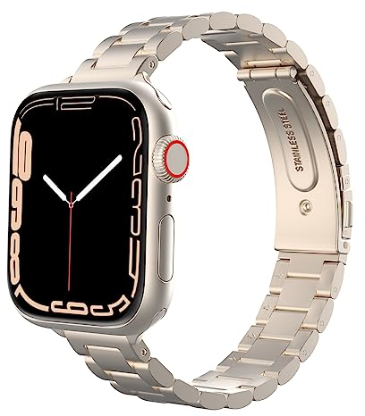 MoKo Armband Kompatibel mit Apple Watch Band Ultra/Ultra2 49mm/Series 10/9/8/7/6/5/4/3/2/1/SE 42/44/45/46mm,Schlank Smartwatch Armband aus Edelstahl,Metall Ersatzarmband Uhrenarmband,Sternenlicht Gold