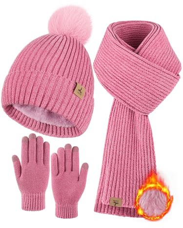 Winter Warme Mütze Schal und Touchscreen Handschuhe Set, Strickmütze Pom Beanie Mütze Halswärmer Langer Schal Winterhandschuhe für Damen Herren