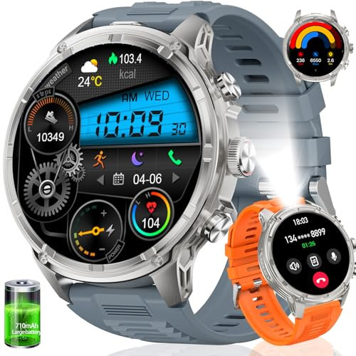 Smartwatch Herren(Taschenlampe),1.85‘’ HD Großes Display/710 mAh Akku Sportuhr Herren mit Telefonfunktion/120+ Sportmodi,10ATM Wasserdicht Fitnessuhr mit Herzfrequenz,Schlafmonitor für Android/iOS