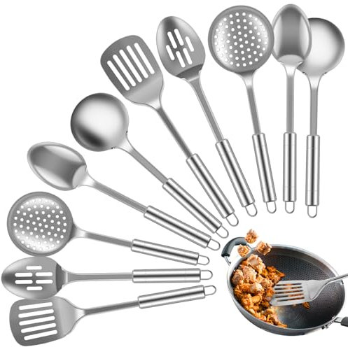 Juego de 10 utensilios de cocina de acero inoxidable, aptos para lavavajillas, incluye colador de lengua, colador para sopa, cuchara para lengua, colador redondo grande, regalo para cumpleaños de