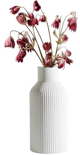 20cm Keramik Vase Weiß für Pampasgras als Boho, Keramik Vase Weiß Matt Rund Modern Design Einfach Nordic Stil KeramikVase für frische Blumen, Trockenblumen, Esstisch, Büro