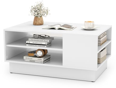 COSTWAY Coffee Table, Wooden Rectangle Cocktail Center Table with 2-Tier Open Storage Shelves, Modern Accent Sofa Side Tea Table for Living Room, Bedroom and Office, 86x56x41cm (White)
