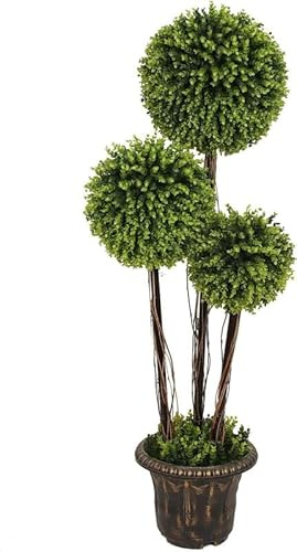 BPIL 4 Ft Artificial Boxwood Topiary Tree, Fake Greenery Plants Triple Ball Tree, Leaves & Cement-Filled Plastic Flower Pot Decorative Trees for Home, Office, Indoor and Outdoor Use