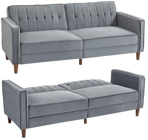 HOMCOM Convertible Sofa Bed 189cm Click Clack 3 Seater Dark Grey | Button Tufted, Velvet Sleeper Couch, Split Reclining Backrest, Rubber Wood Legs