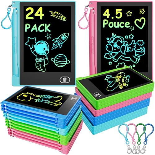 Lot de 24 Ardoises Magiques LCD 4,5 Pouces avec Crochet | Pack Éducatif et Cadeaux pour École, Anniversaire | Écran Couleur Réutilisable sans Lumière Bleue | 4 Couleurs Vives
