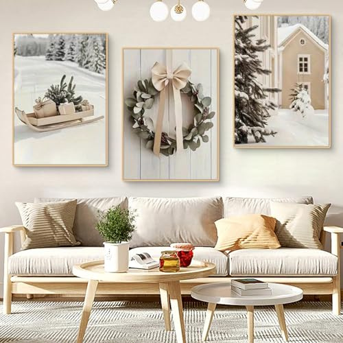 TROYSINC 3er Weihnachten Poster Set, Moderne Winter Wandbilder, Premium Bilder Kunstdrucke Schlitten Geschenke Weihnachtskugeln, OHNE Rahmen, Wanddeko Wohnzimmer & Schlafzimmer (A,30X40CM)
