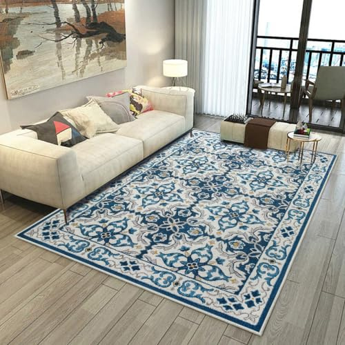 Aspire Homeware Rugs Living room 120 x 170 Anti Slip Traditional Pattern Bedroom Rug – Soft Easy to Clean Floor Carpets for Nursery Room Playing mat – Non-Shedding Large Light Blue Area Rugs(Luna)