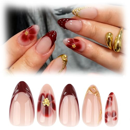 Zimocepuz French Mittelgroße Mandelförmige Press On Nägel,24 Rot Blühende Blume 3D Gold Diamant Press On Nägel,Damen Alltagskleidung,Natürlich Wiederverwendbar
