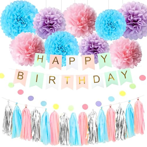 26 Stück Seiden Pompons, Geburtstags Dekoration, Quasten Deko, Farbmischung Pompons Deko, Papierblumen Dekoration, Happy Birthday Banner, Geburtstags Feiern, Weihnachten, Hochzeitsfeiern