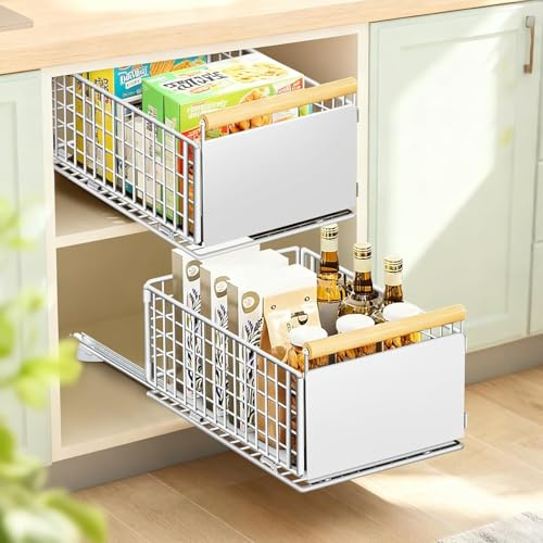 EOJDDPA Ausziehbare Schublade für Küche 2Stück,Telescop Schubladensystem mit Vollauszug,bis 25kg,Schubladenorganizer für tiefe Schränke Weiß,39,5x23,5x19cm